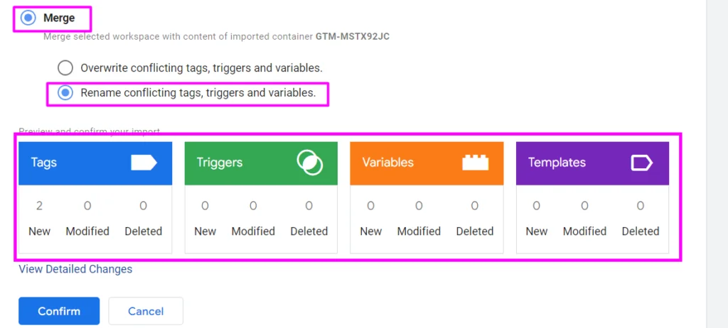Možnosti Overwrite vs Merge pri importe GTM kontajnera