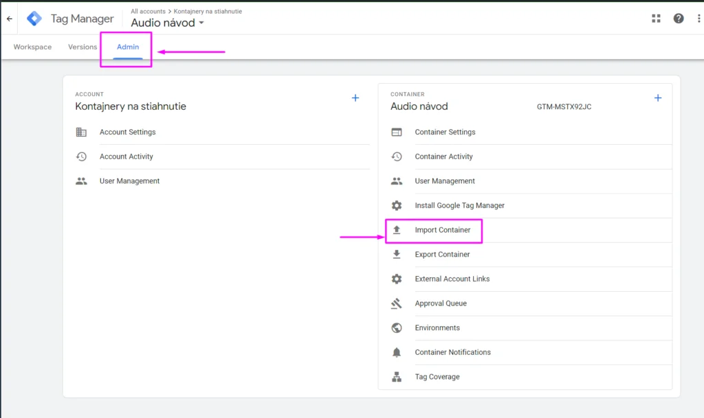 Import Container v GTM Admin