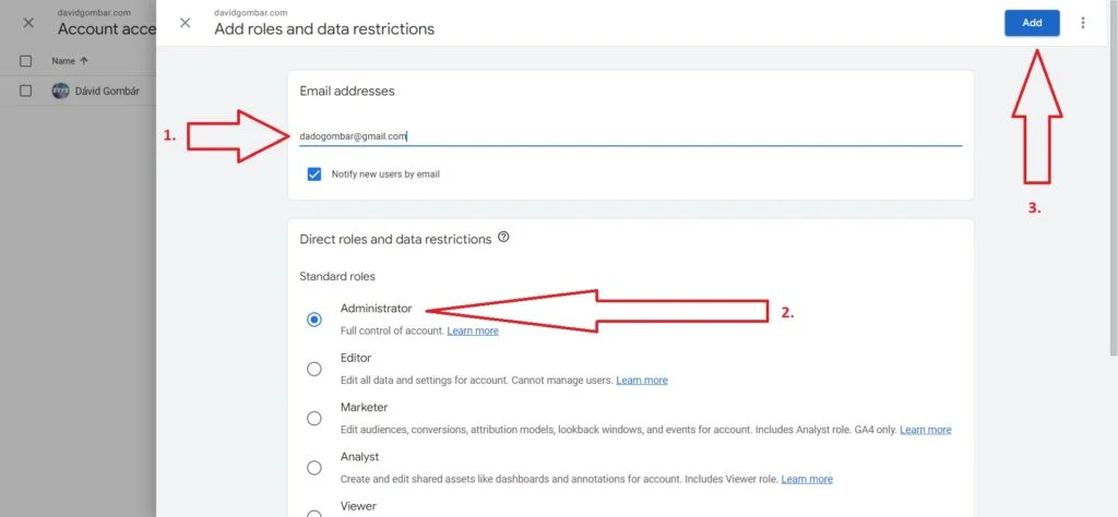 Nastavenie emailu a úrovne prístupu v Google Analytics
